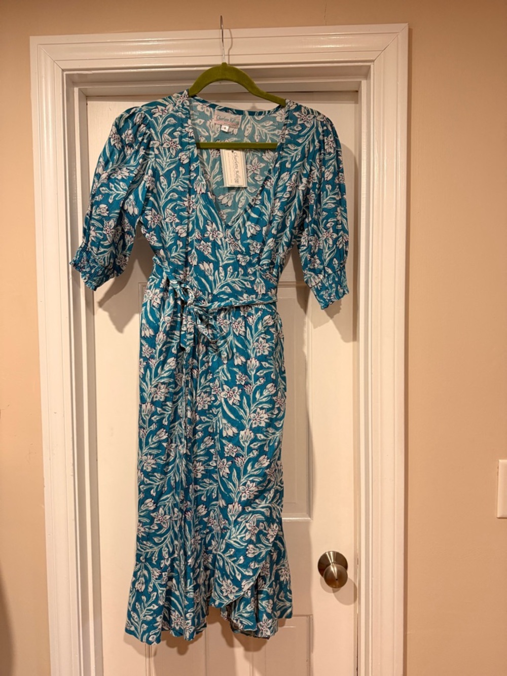 Teal Floral Wrap Midi Dress with Puff Sleeves and Tie Waist